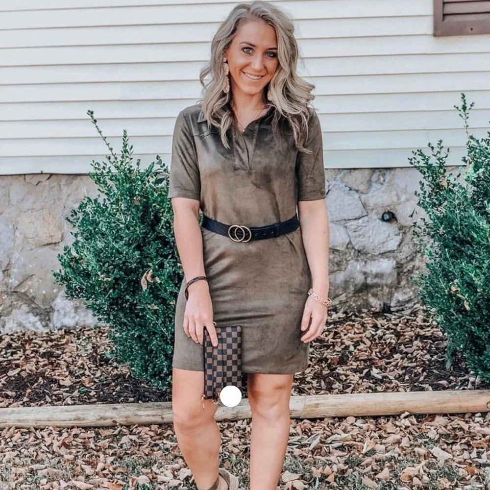 Faux Suede Shirt Dress in Olive - Picture 1 of 2